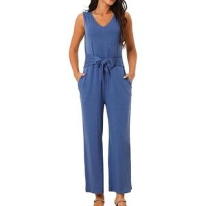 Womens Sleeveless V Neck Wide Leg Jumpsuit Blue Tie Waist Casual Elegant
